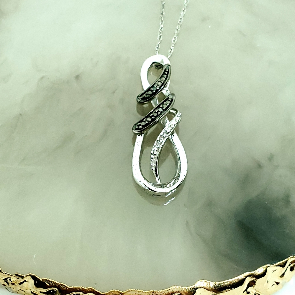 Vintage Zales Silver Twist Pendant with Black & White Diamonds